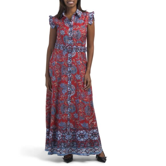 DALIA MACPHEE Red Ruffle Sleeve Maxi Shirt Dress With Belt